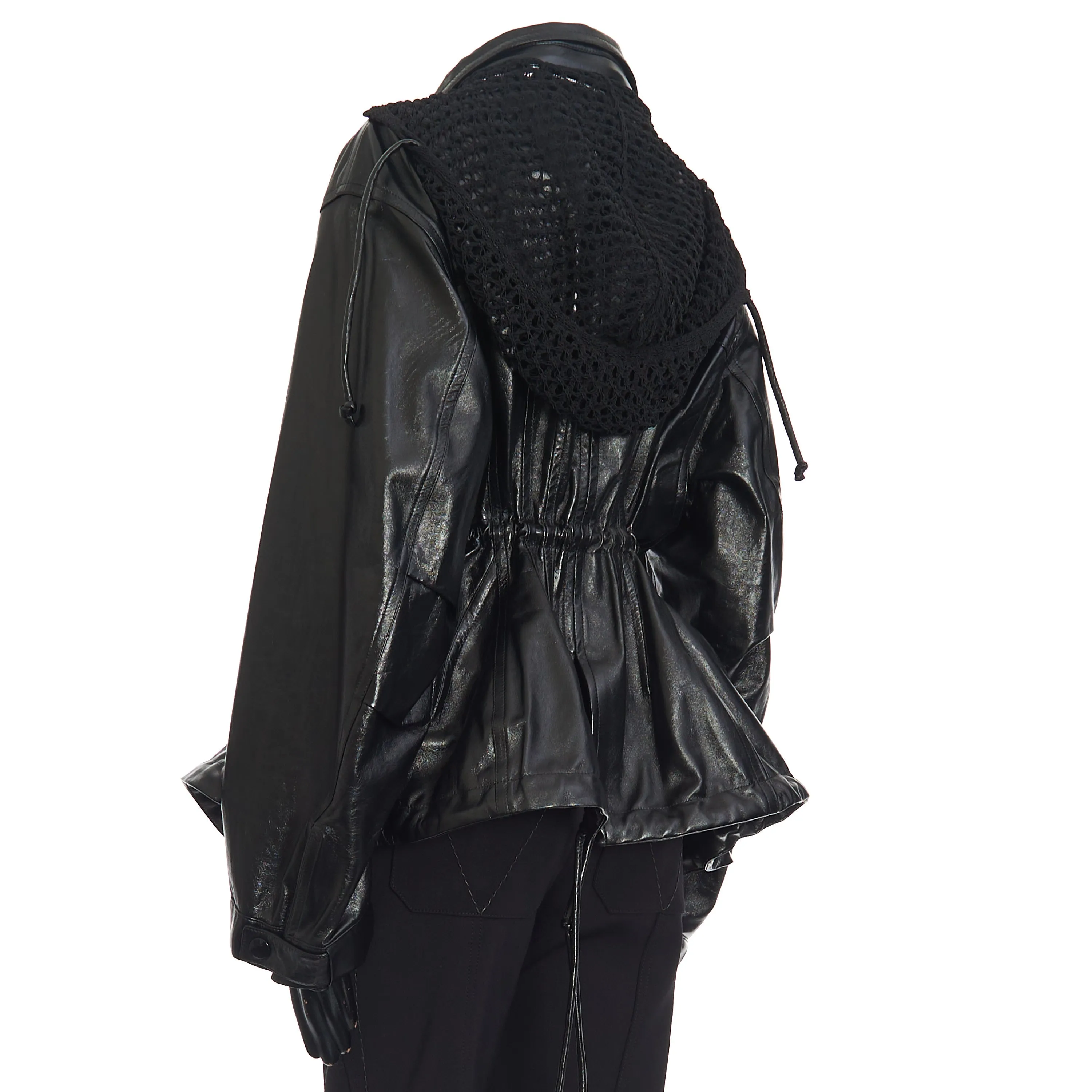 Parka With Crochet Hood In Shiny Black Leather