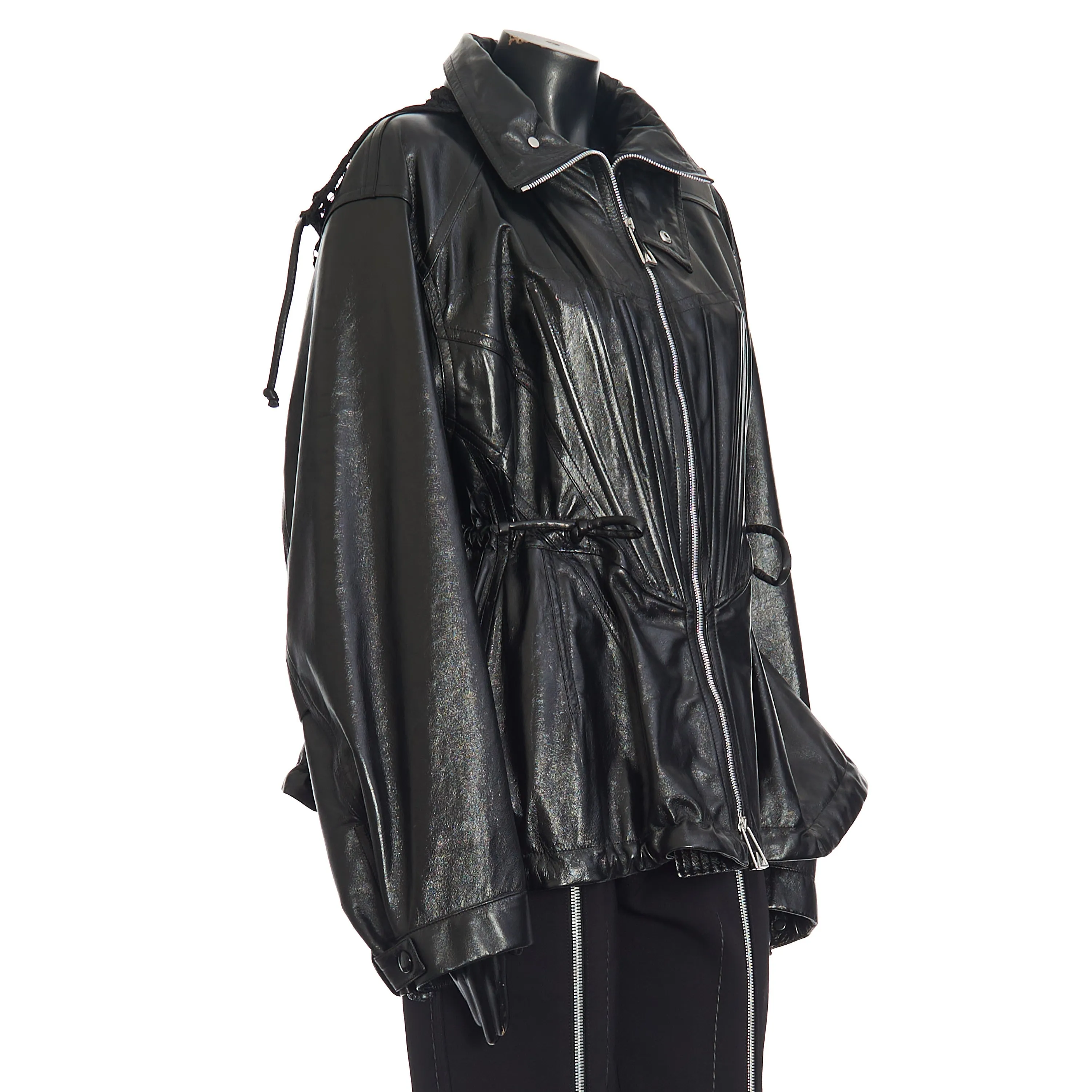 Parka With Crochet Hood In Shiny Black Leather