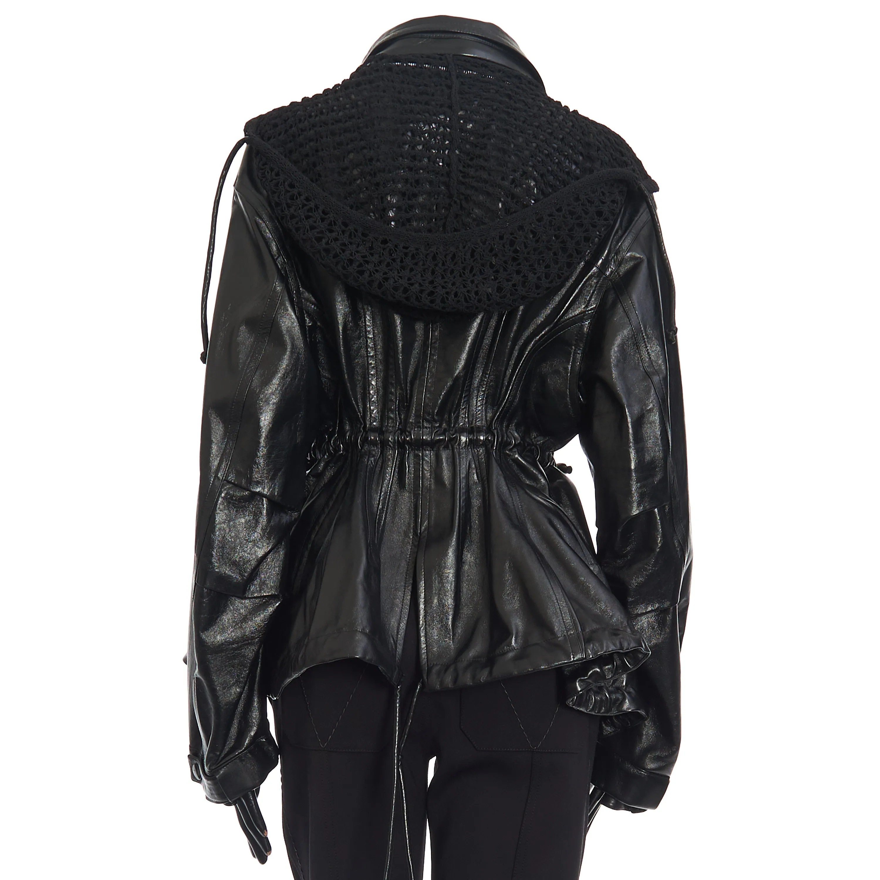 Parka With Crochet Hood In Shiny Black Leather