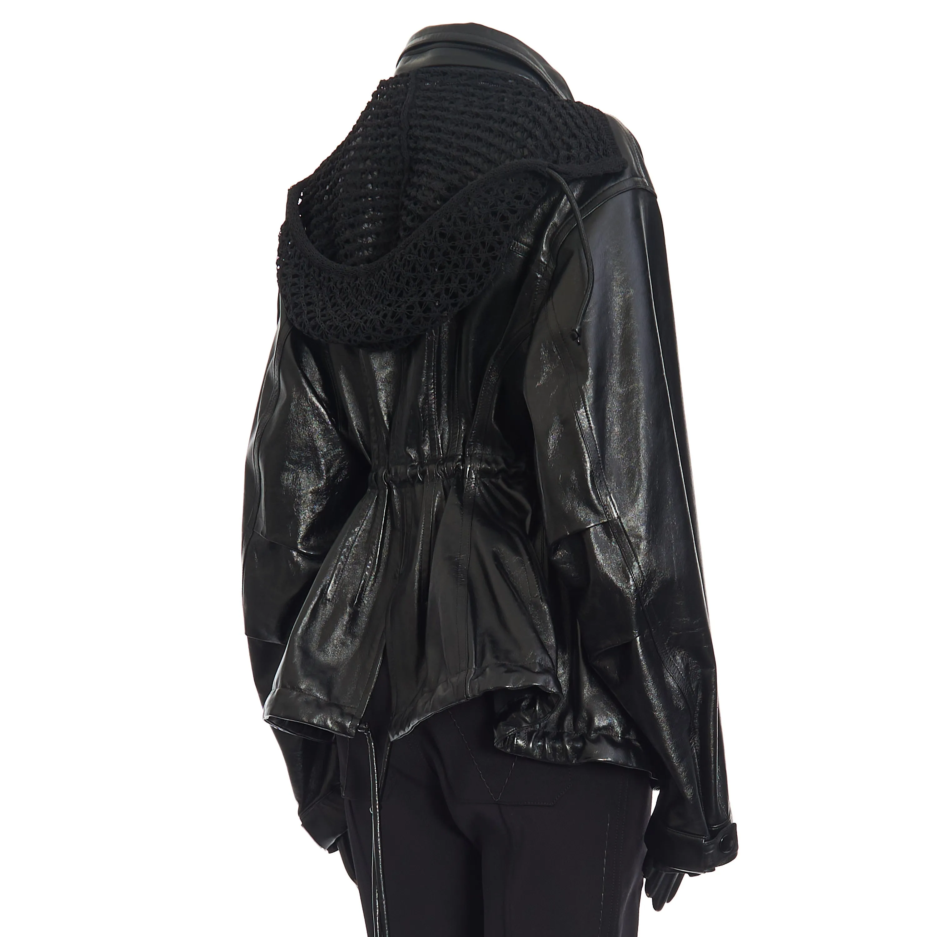 Parka With Crochet Hood In Shiny Black Leather