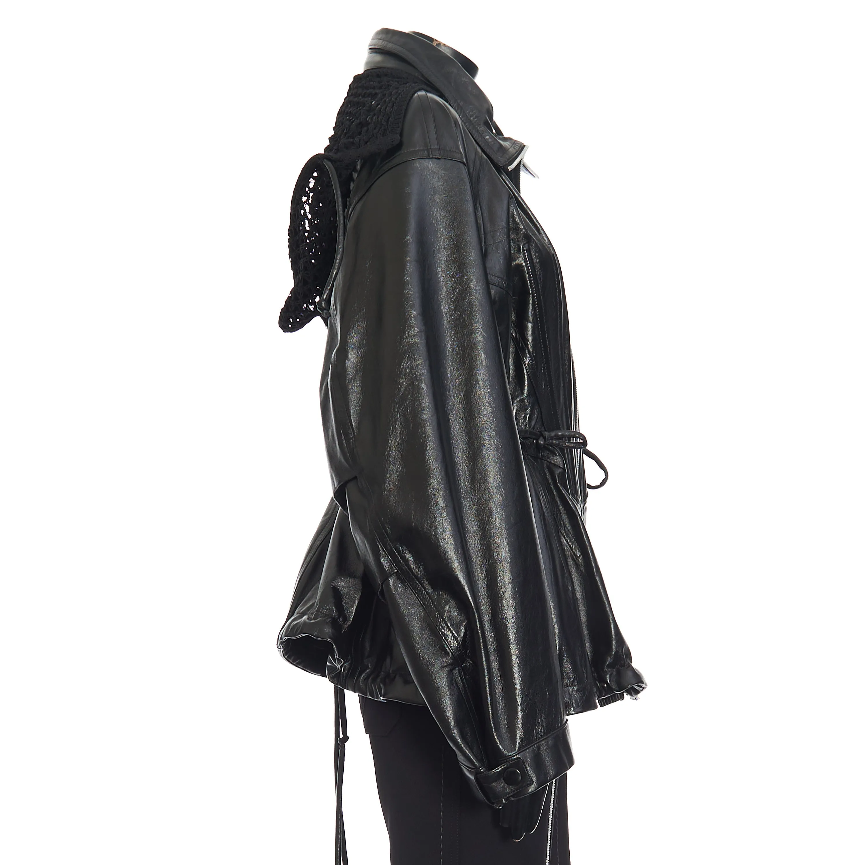 Parka With Crochet Hood In Shiny Black Leather