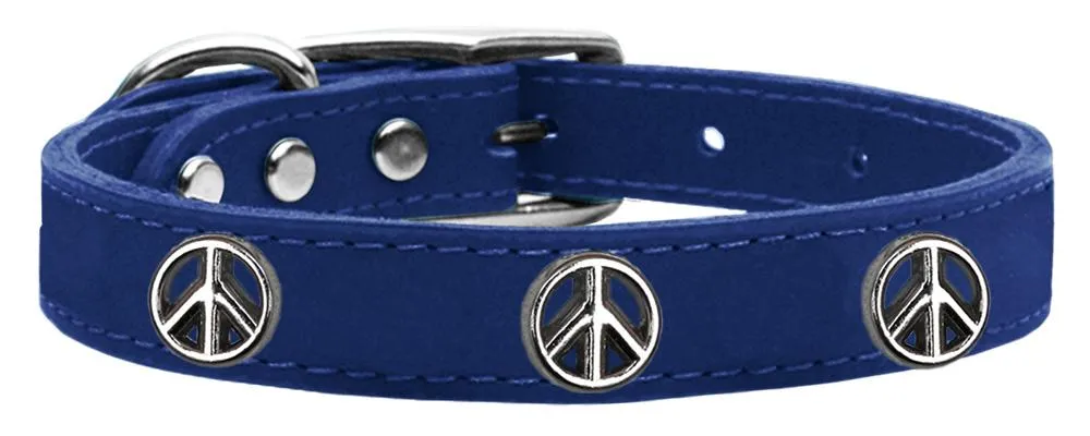 Peace Sign Widget Genuine Leather Dog Collar Blue 22