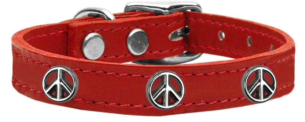 Peace Sign Widget Genuine Leather Dog Collar Red 20