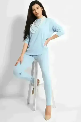 PEARL ACCESSORISED JUMPER & LEGGINGS KNIT BLUE LOUNGE SET