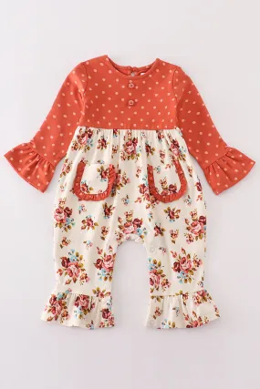 Platinum rust floral dot pocket girl romper