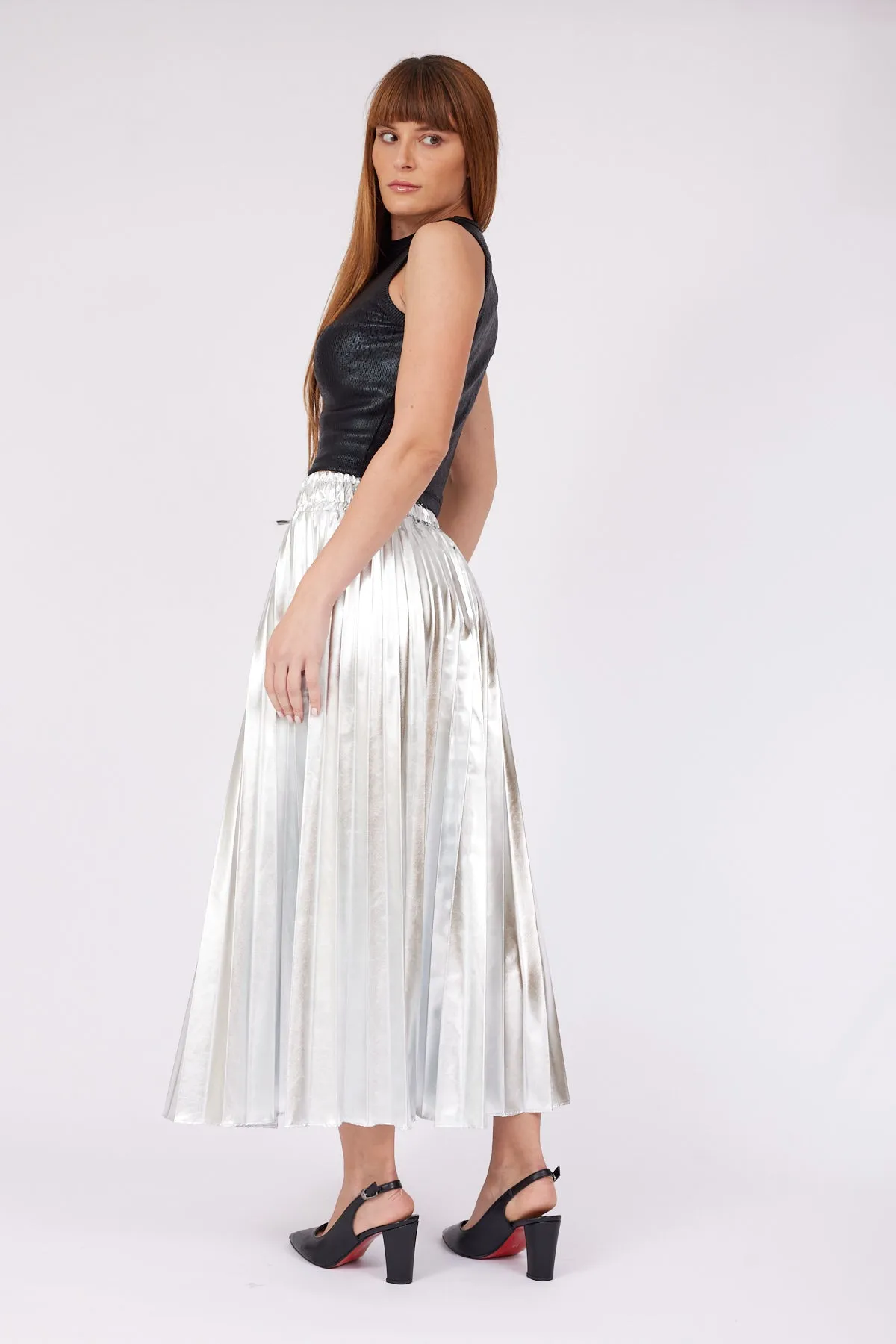 Pleated METALLIC SILVER LONG SKIRT