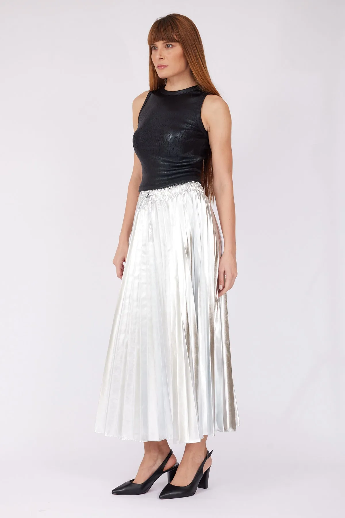 Pleated METALLIC SILVER LONG SKIRT