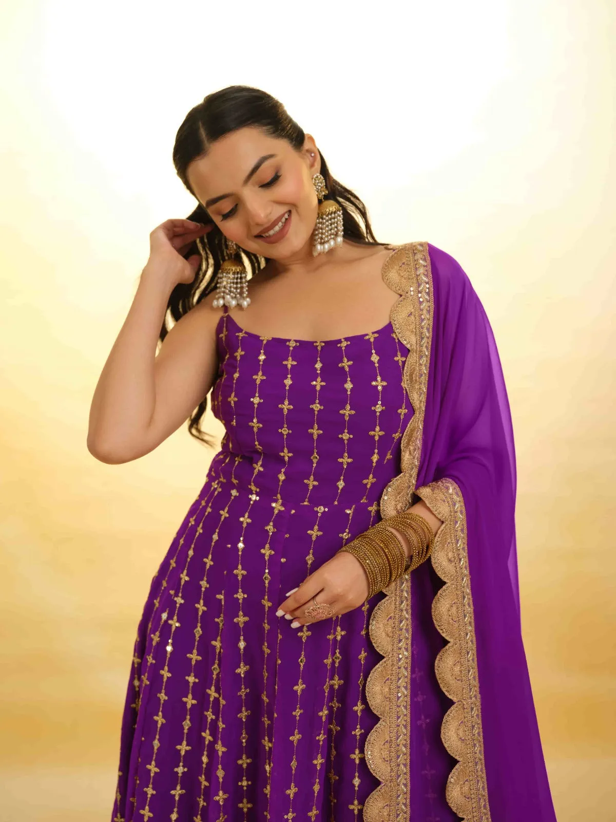 Purple Georgette Dress with Embroidery & Sequins – Ready to Wear