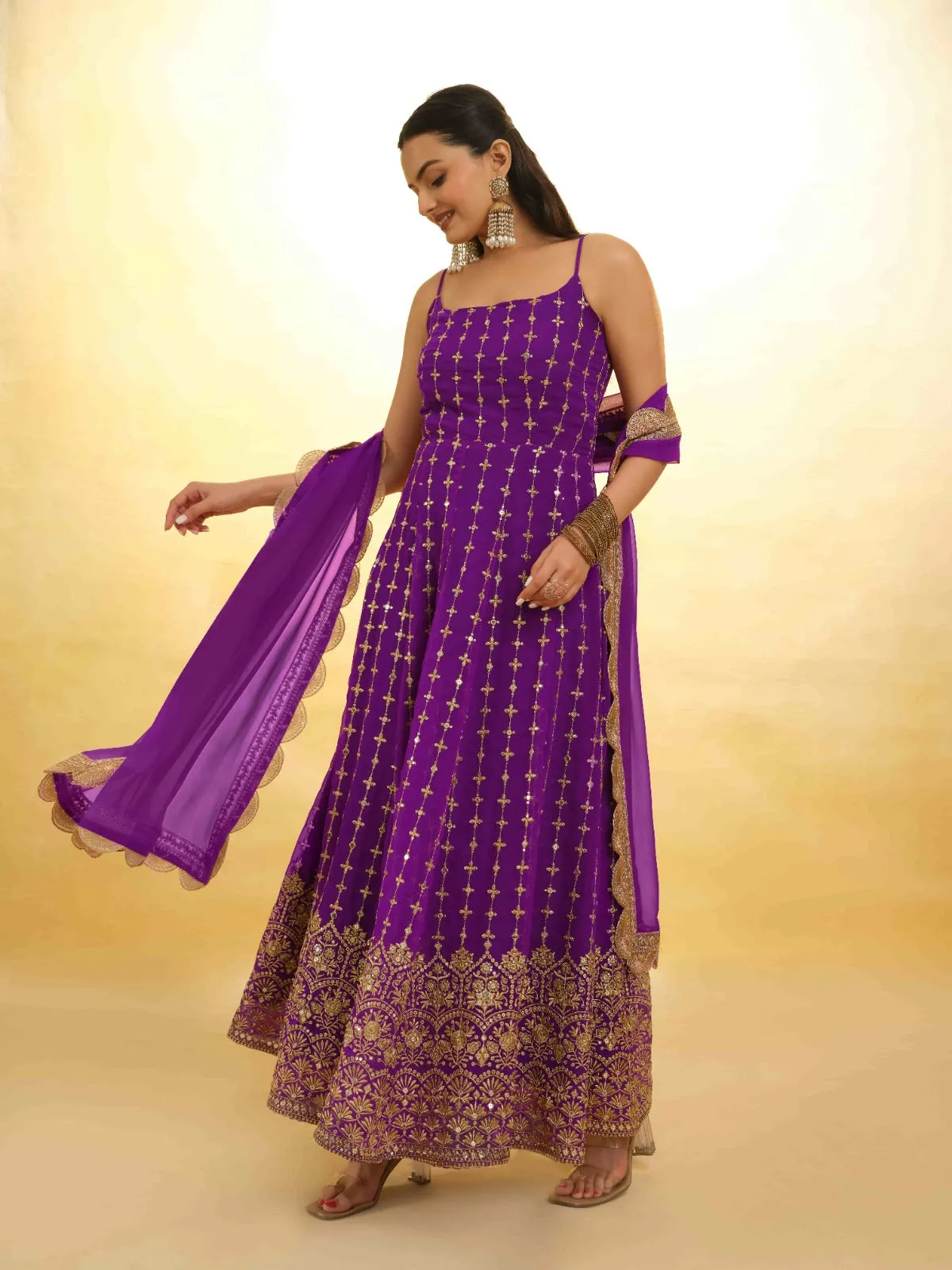 Purple Georgette Dress with Embroidery & Sequins – Ready to Wear