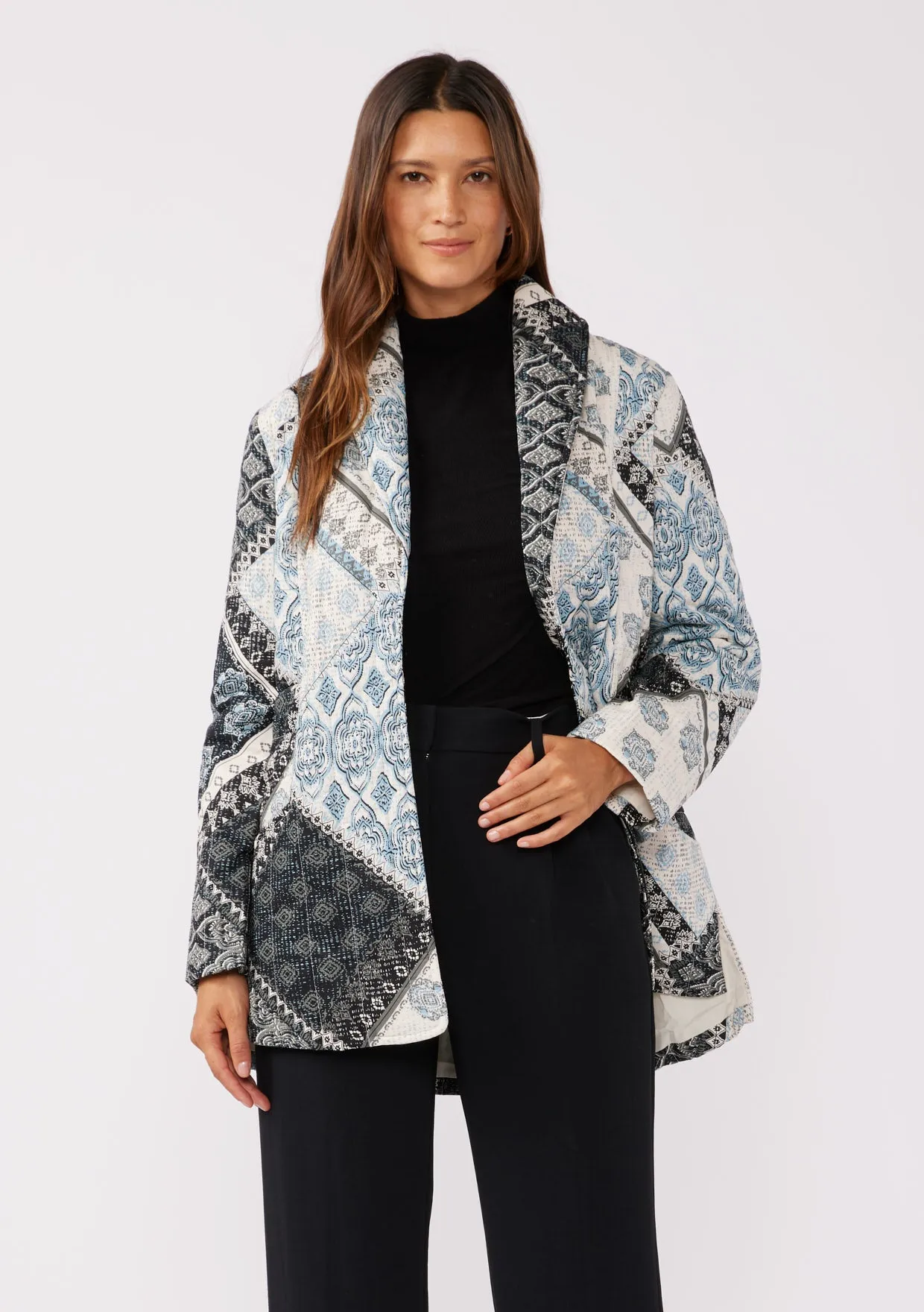 Quilted Patchwork Long Sleeve Shawl Collar Jacket