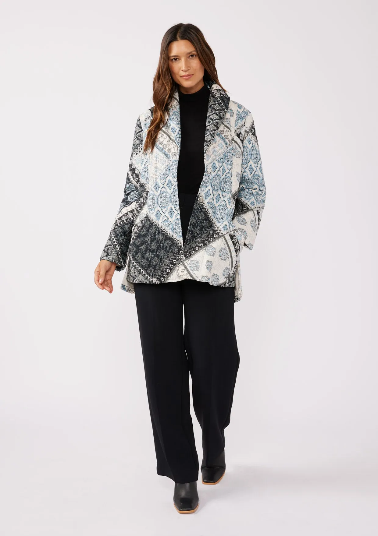 Quilted Patchwork Long Sleeve Shawl Collar Jacket