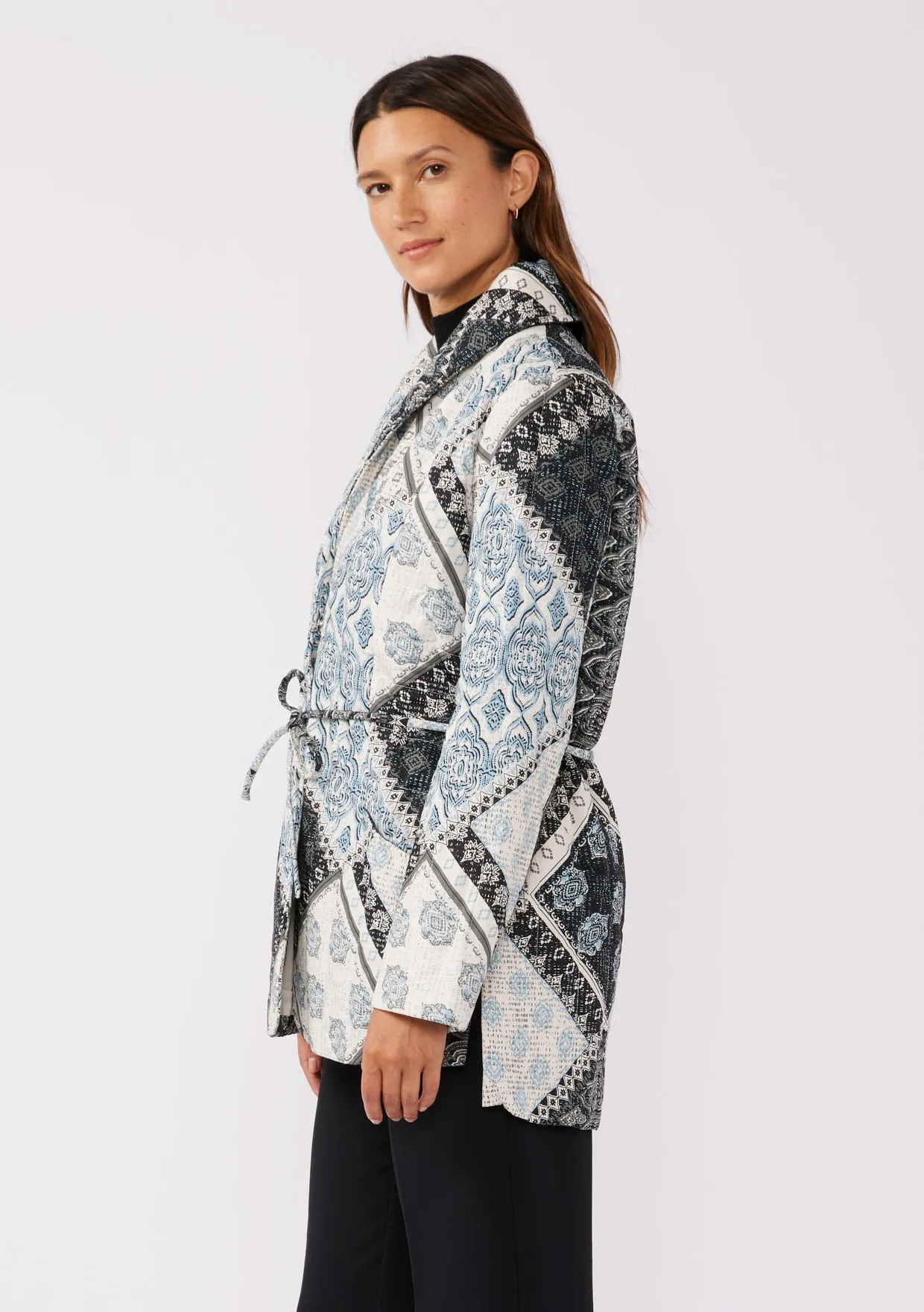 Quilted Patchwork Long Sleeve Shawl Collar Jacket