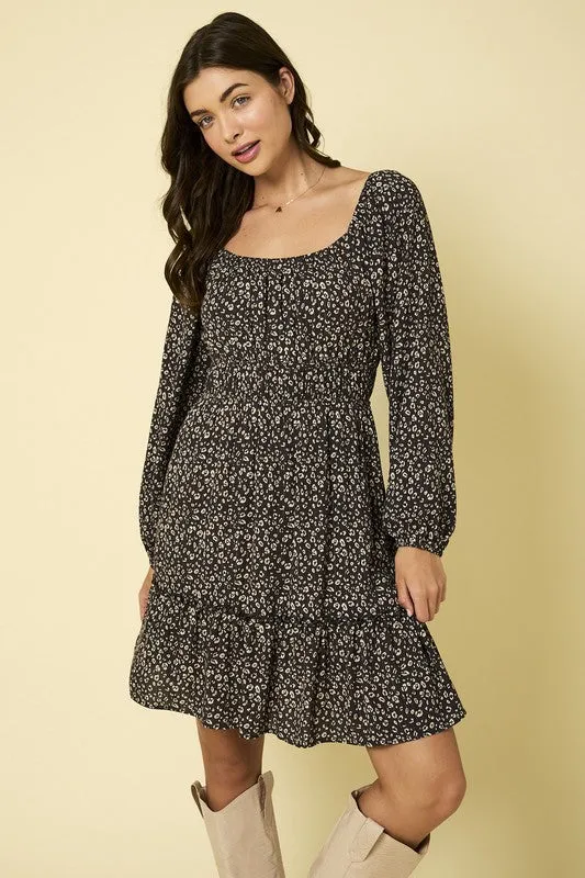 QUINN SQUARE NECK ELASTIC RUCHING WAIST ANIMAL DRESS