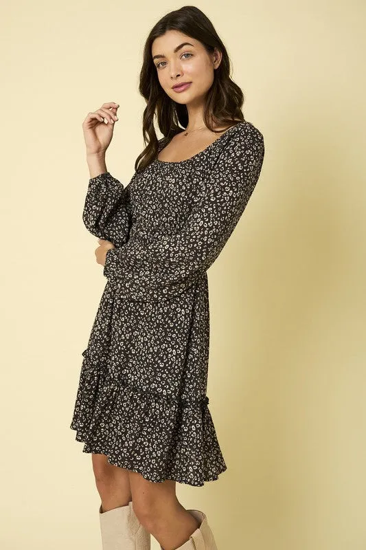 QUINN SQUARE NECK ELASTIC RUCHING WAIST ANIMAL DRESS