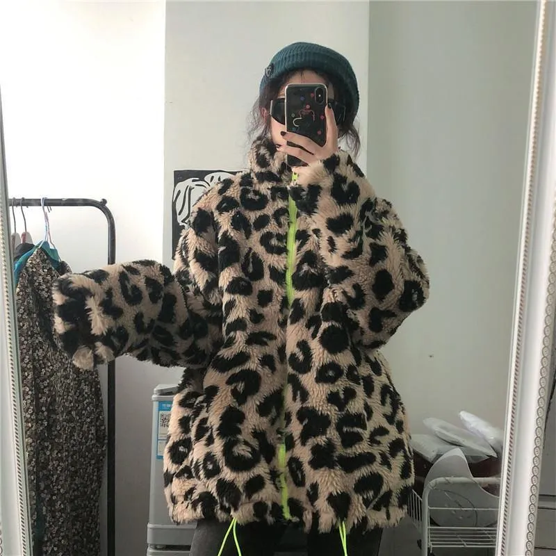 Retro Leopard Faux Fur Neon Zipper Jacket