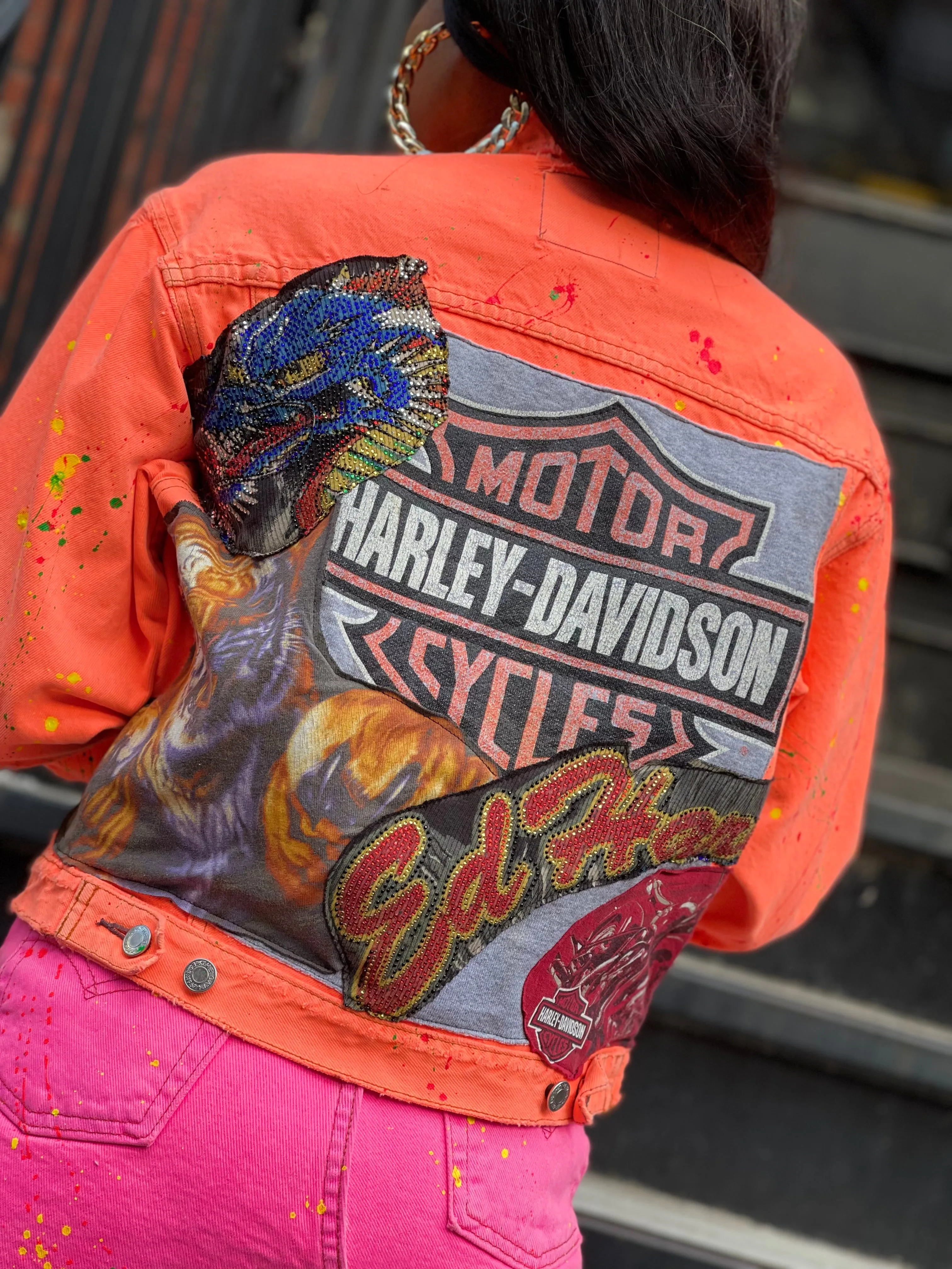 Reworked Patchwork Neon Orange Jean Jacket