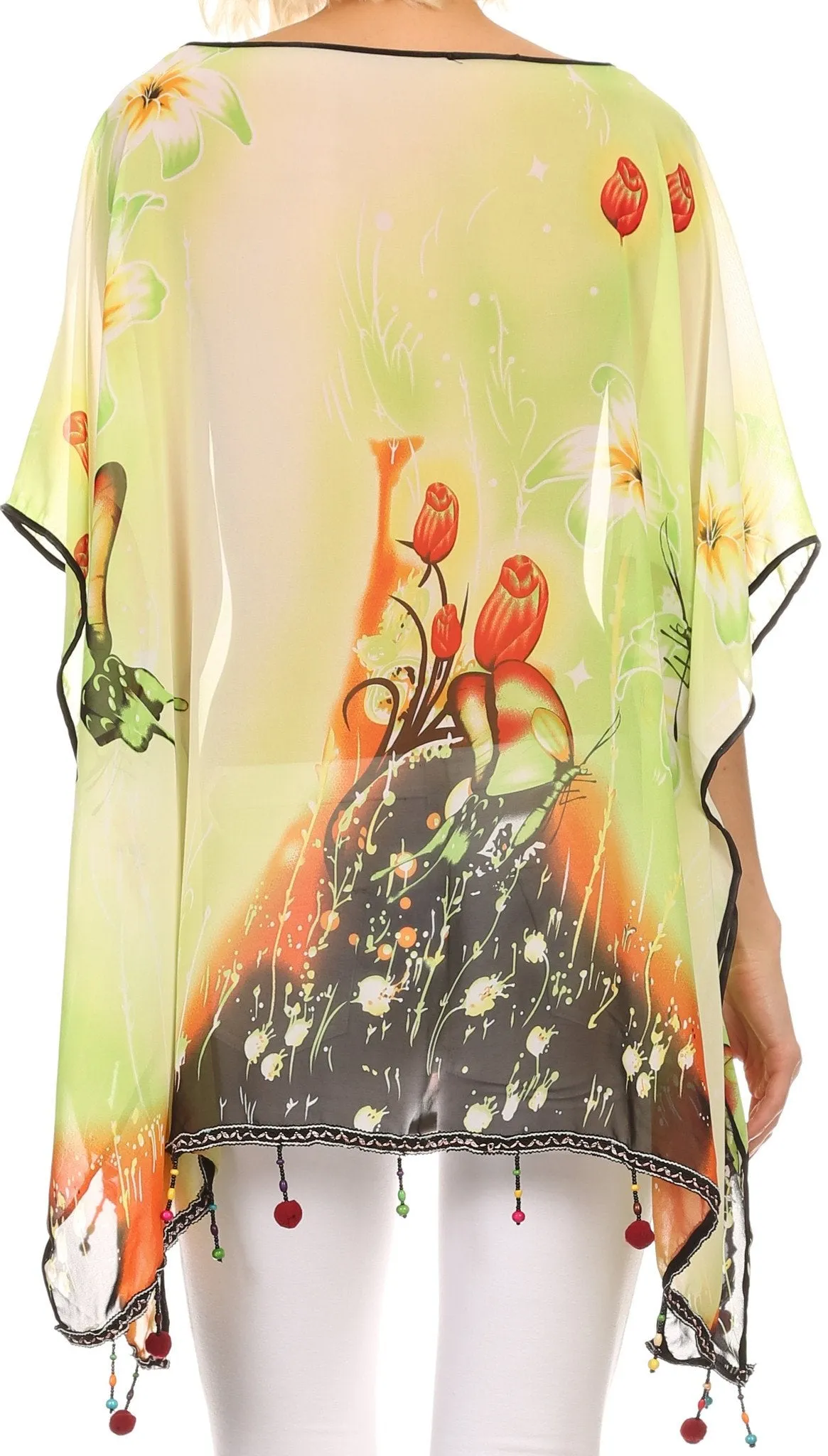 Sakkas Fediliah Sheer Long Wide Fringe Bead Floral Printed Poncho Blouse Top