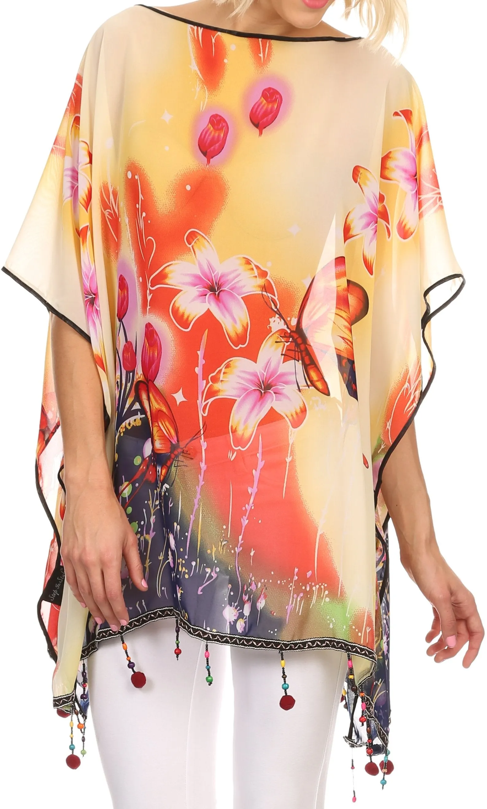 Sakkas Fediliah Sheer Long Wide Fringe Bead Floral Printed Poncho Blouse Top