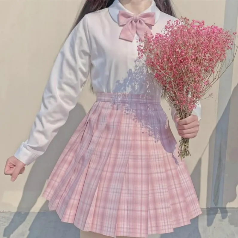 [Skirt / Bow] JK Girly-Pink plaid uniform skirt