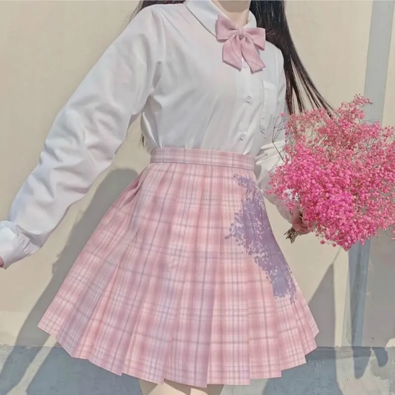 [Skirt / Bow] JK Girly-Pink plaid uniform skirt