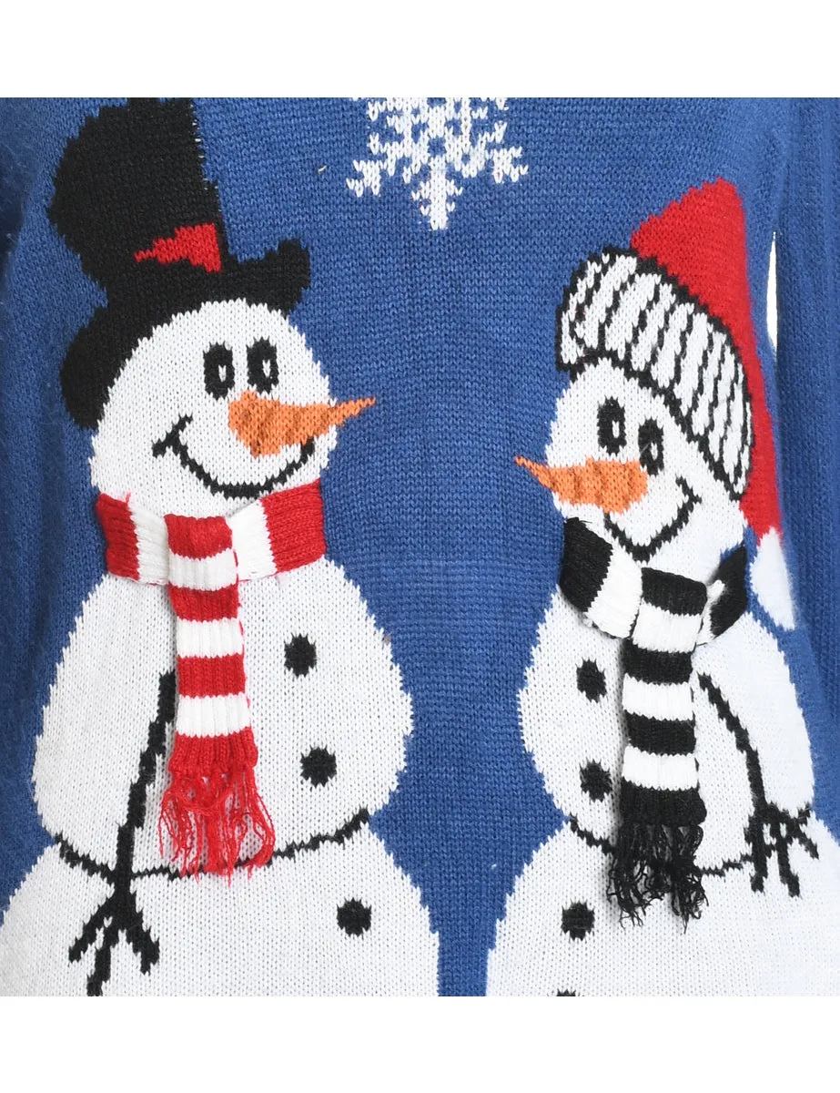 Snowman Design Blue Knit Christmas Jumper - L