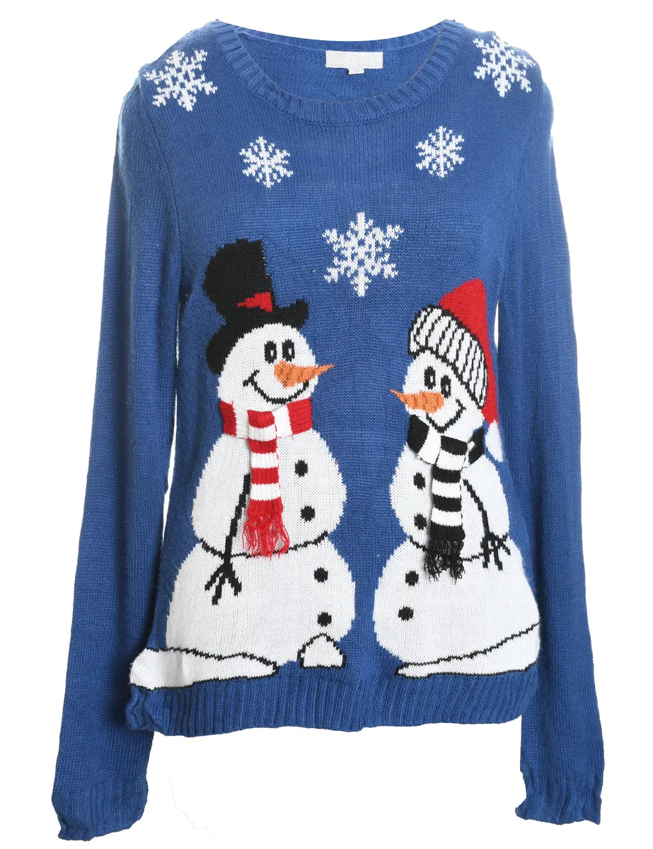 Snowman Design Blue Knit Christmas Jumper - L