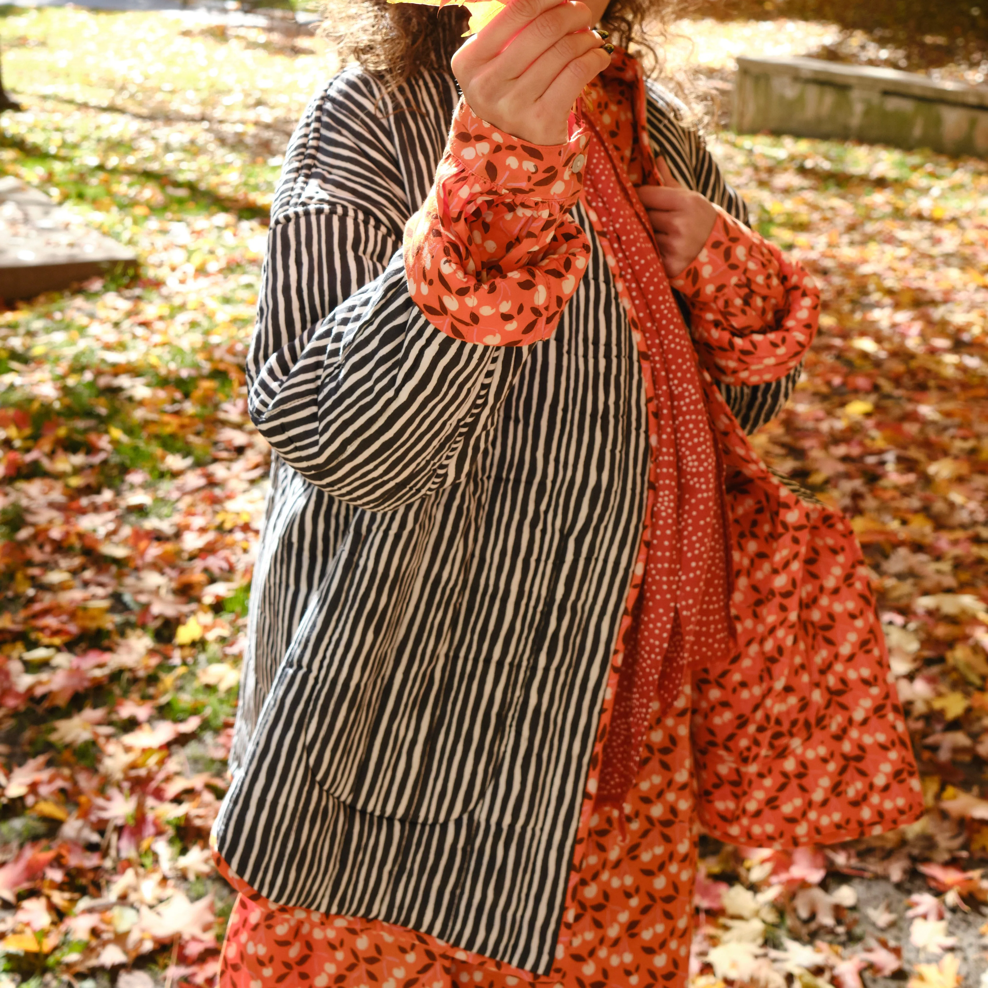 Sonia Jacket in Cinnamon Cherries/Black White Wavy Stripe