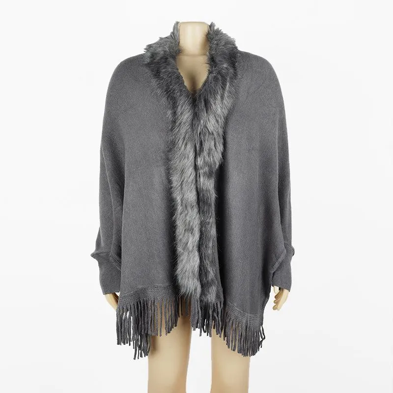 Tassel cloak shawl wool collar cloak solid color cardigan sweater