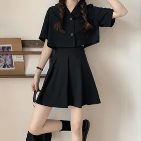 Two piece set Korean temperament boxy top jacket suit short top high waist pleated skirt gothic college