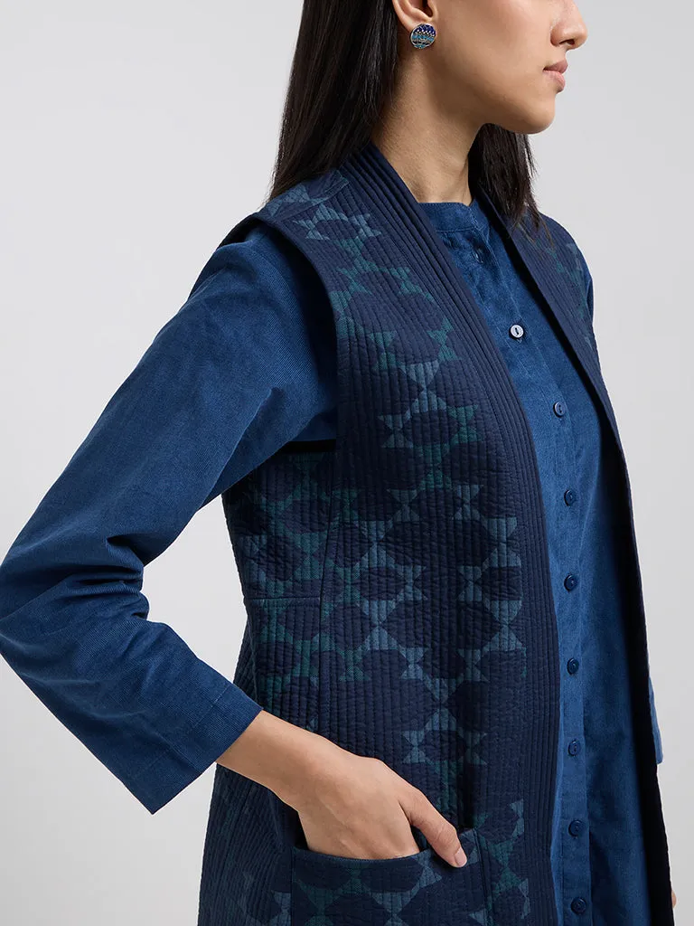 Utsa Navy Abstract Design Quilted Cotton Jacket