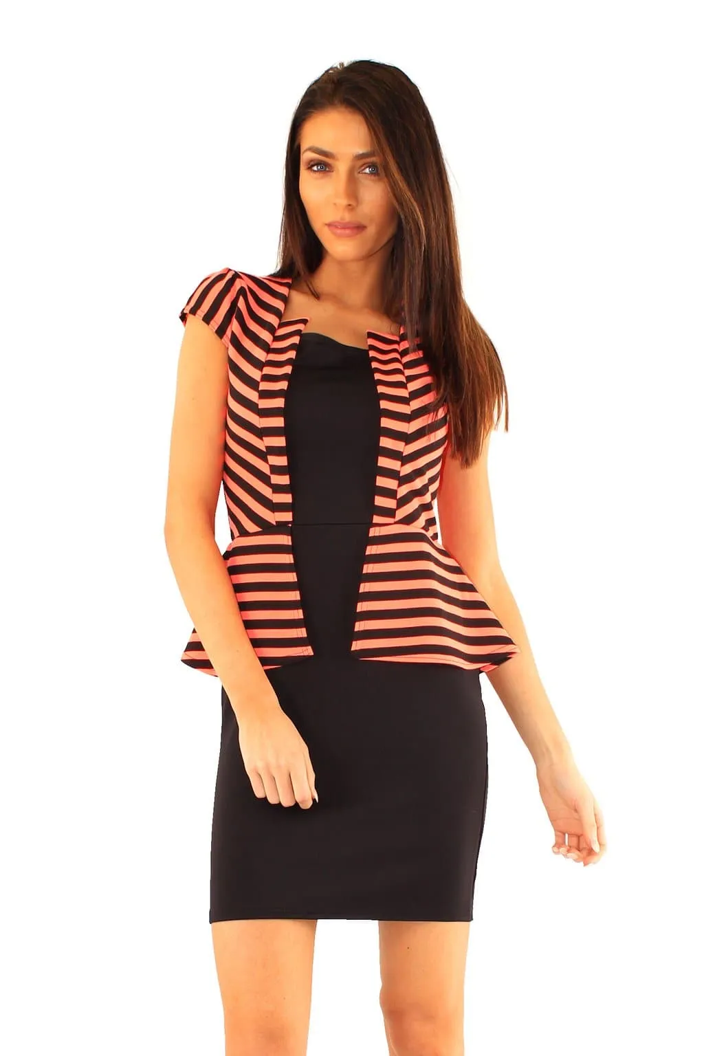 Women Black Striped Jacket Peplum Dress