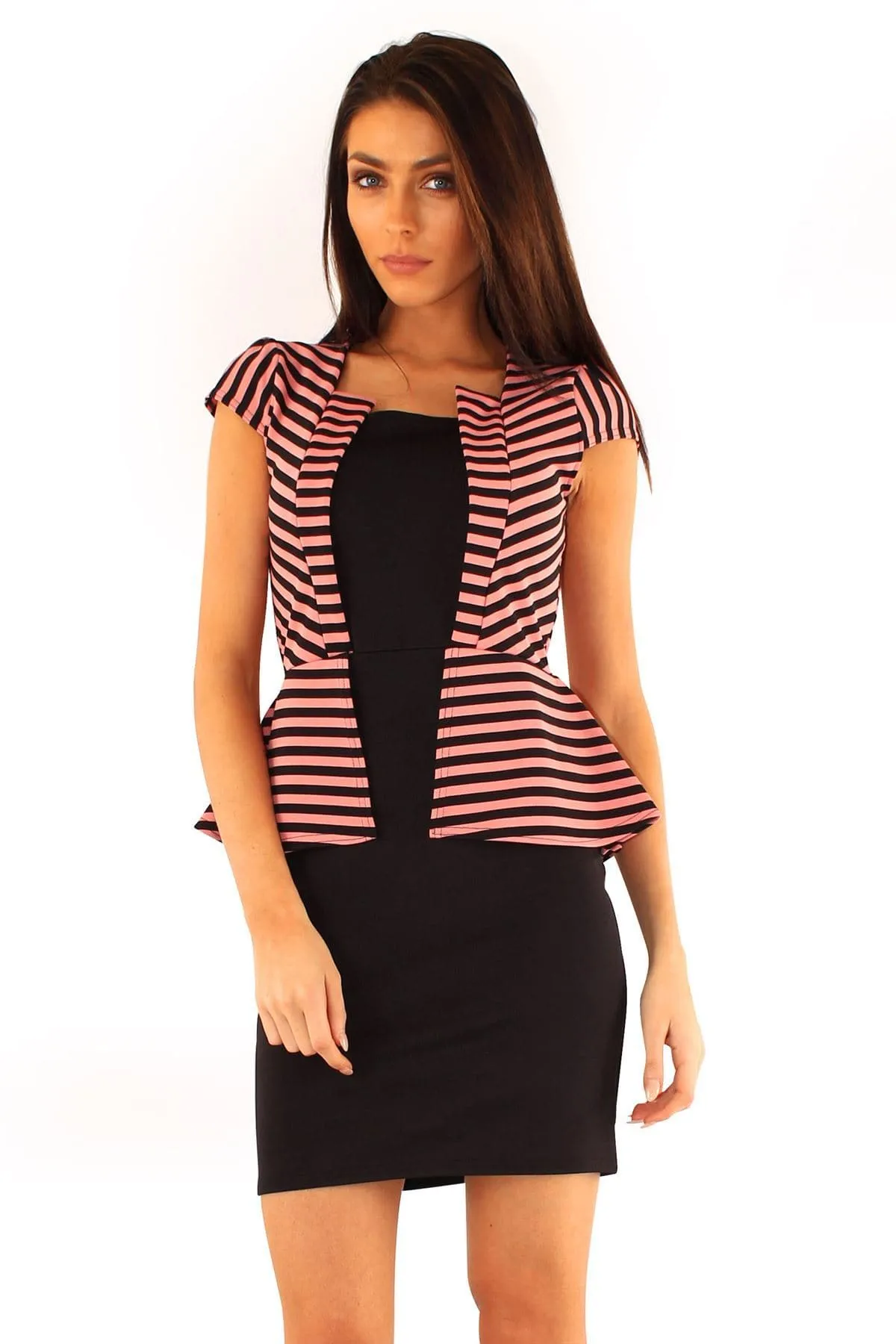 Women Black Striped Jacket Peplum Dress