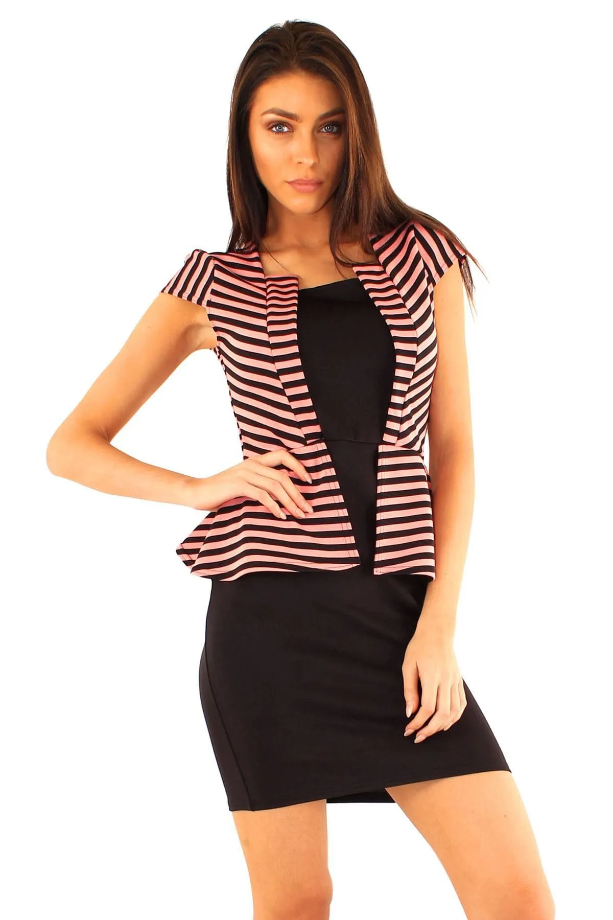 Women Black Striped Jacket Peplum Dress