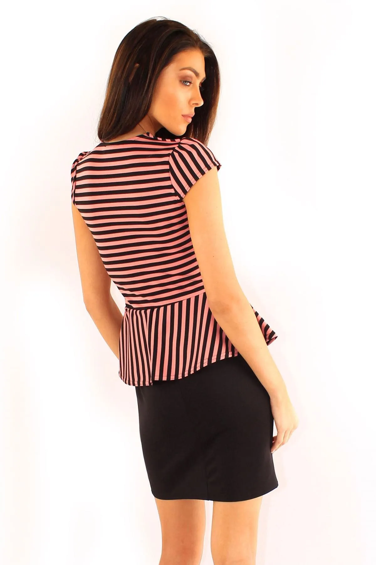 Women Black Striped Jacket Peplum Dress