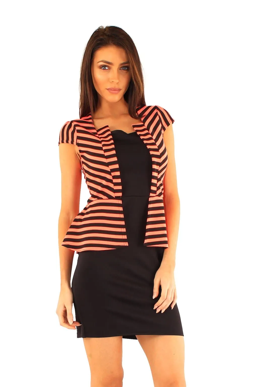 Women Black Striped Jacket Peplum Dress