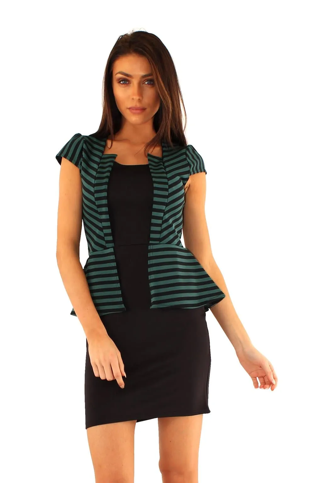 Women Black Striped Jacket Peplum Dress