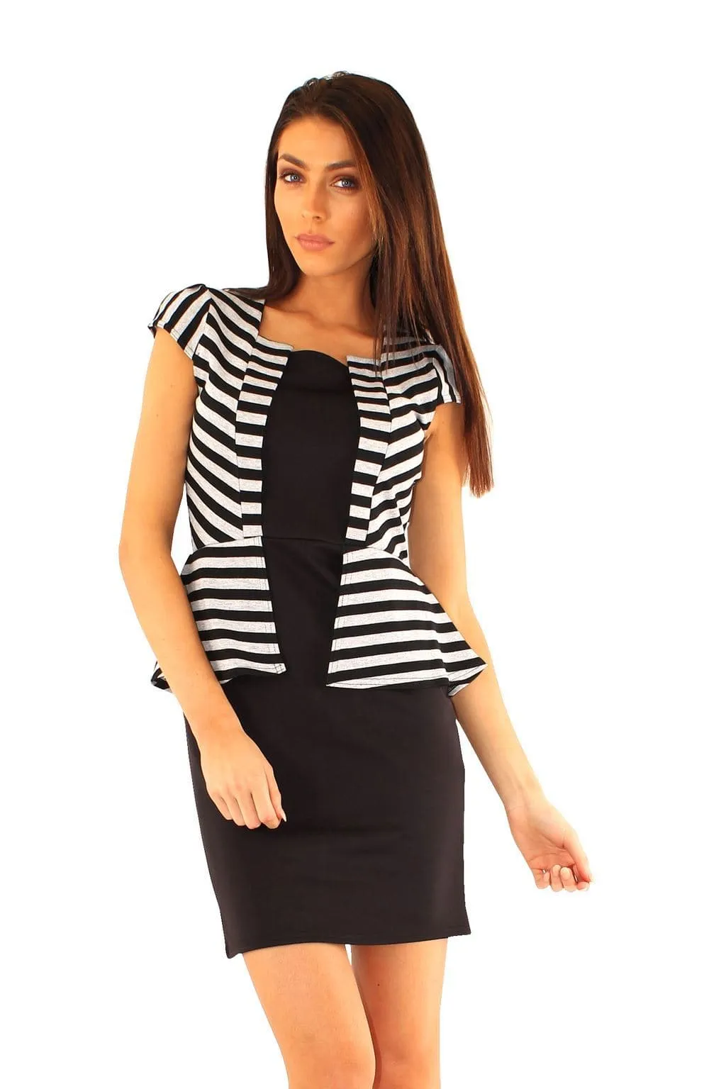 Women Black Striped Jacket Peplum Dress