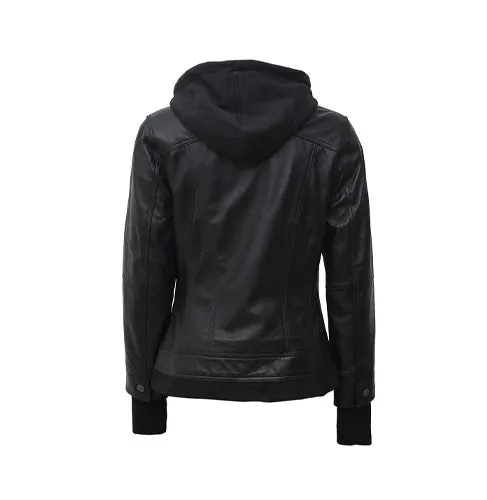 Women Bomber Style Genuine Leather Hooded Jacket