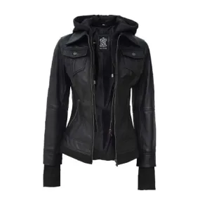 Women Bomber Style Genuine Leather Hooded Jacket