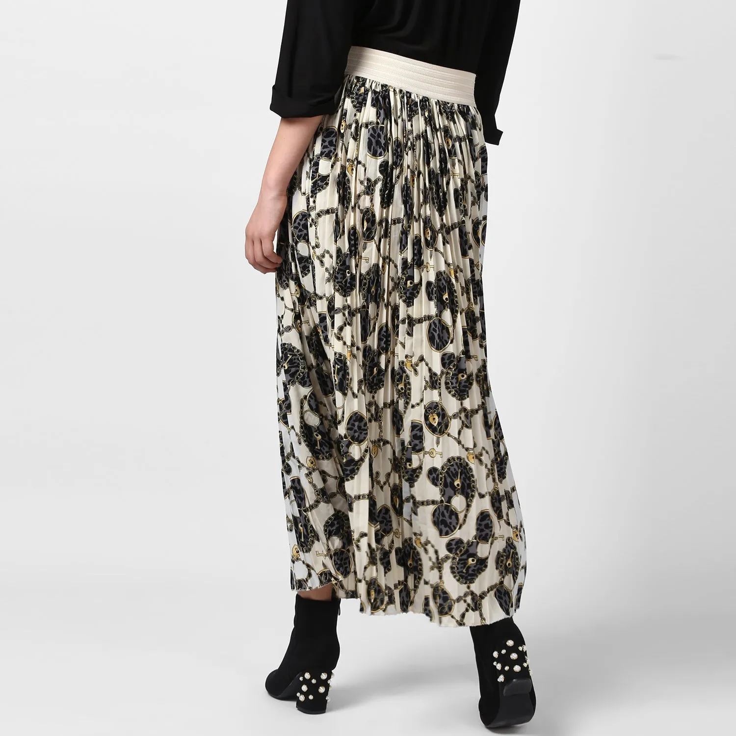 Women's Cream Chain Print Pleated Skirt - StyleStone