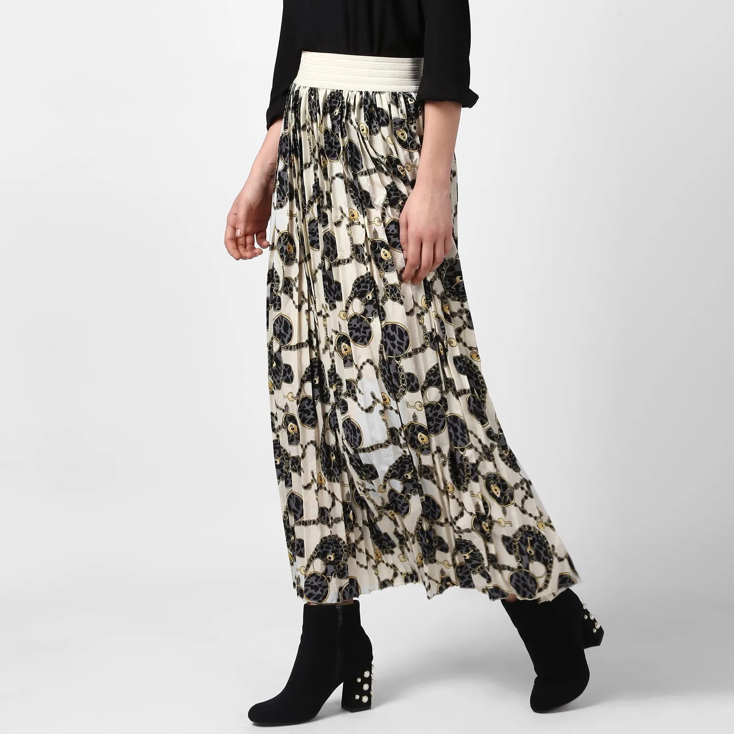 Women's Cream Chain Print Pleated Skirt - StyleStone