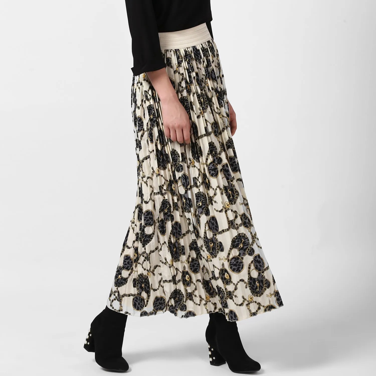 Women's Cream Chain Print Pleated Skirt - StyleStone