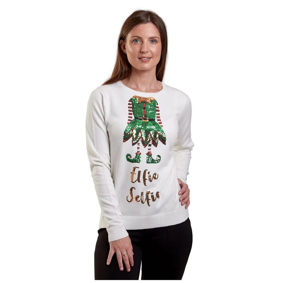 Womens Elfie Selfie Christmas Jumper Sparkle Sequins Xmas Top