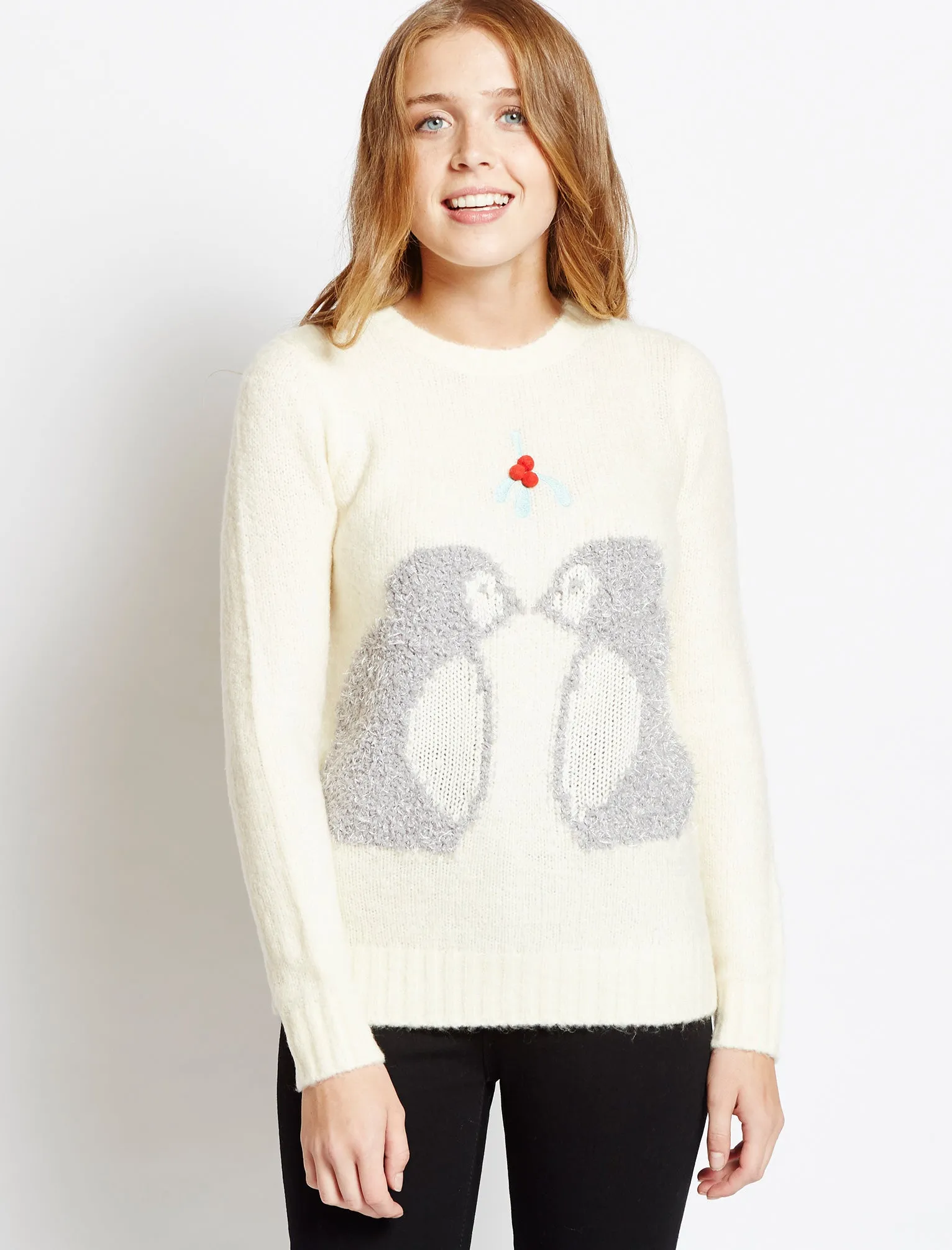 Womens Merry Christmas Mistletoe Penguins cream jumper