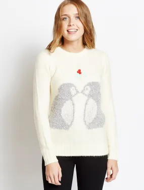 Womens Merry Christmas Mistletoe Penguins cream jumper