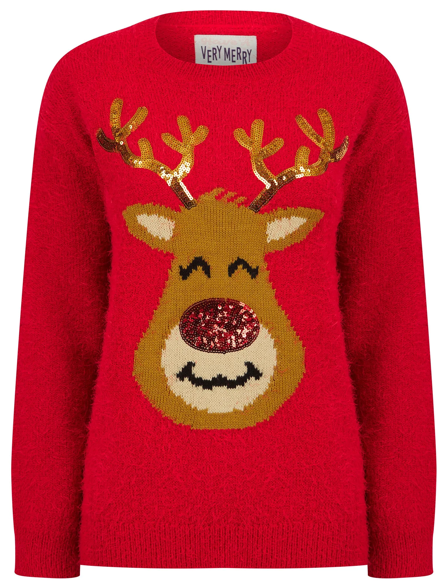 Women's Reindeer Face Sequin Novelty Feather Knit Christmas Jumper in Tokyo Red - Merry Christmas