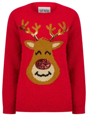 Women's Reindeer Face Sequin Novelty Feather Knit Christmas Jumper in Tokyo Red - Merry Christmas