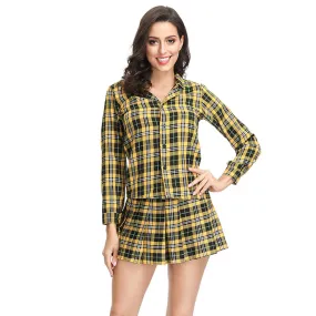 Yellow and Black Tartan Shirt and Skirt Set